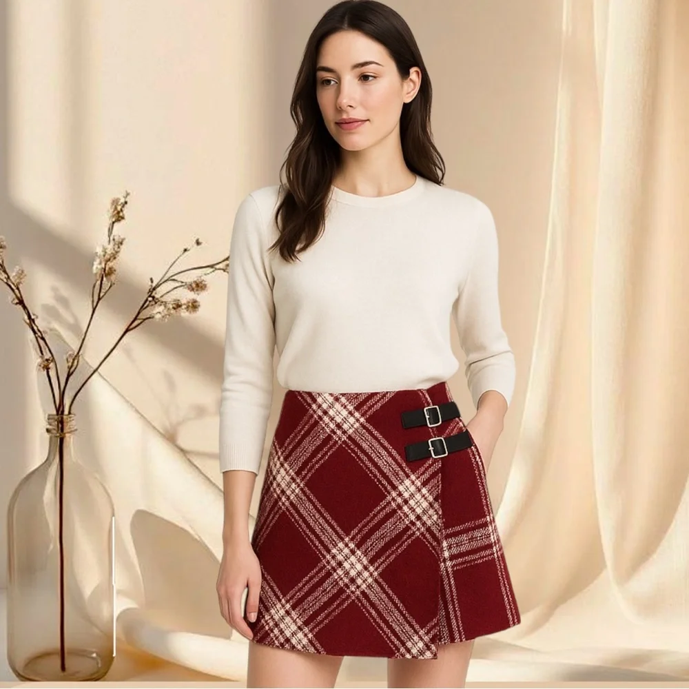 Red Plaid Wool Mini Skirt Wrap Style with Buckle Straps | Preppy Winter Skirt